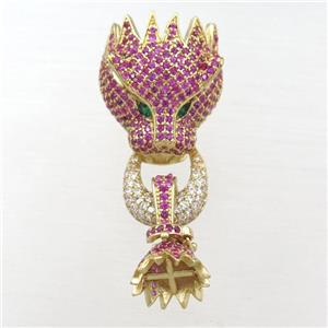 copper clasp pave hotpink zircon, lion, gold plated, approx 12mm, 20-22mm [FN21401]