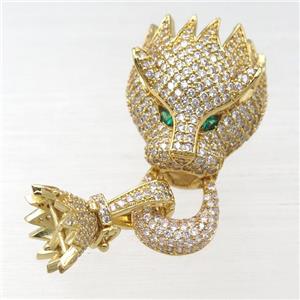 copper clasp pave zircon, lion, gold plated, approx 12mm, 20-22mm [FN21404]