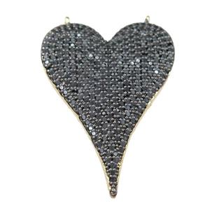 copper heart pendant pave black zircon with 2loops, gold plated, approx 25-37mm [FN21411]