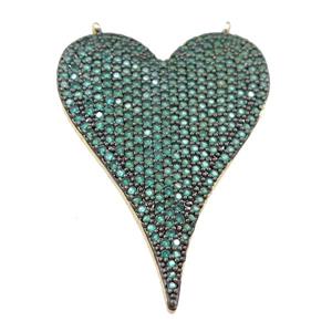 copper heart pendant pave green zircon with 2loops, gold plated, approx 25-37mm [FN21413]