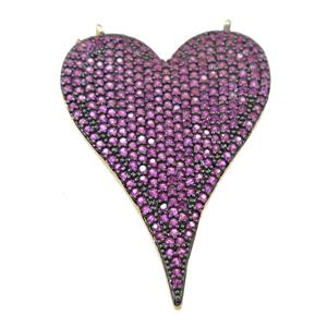 copper heart pendant pave hotpink zircon with 2loops, gold plated, approx 25-37mm [FN21414]