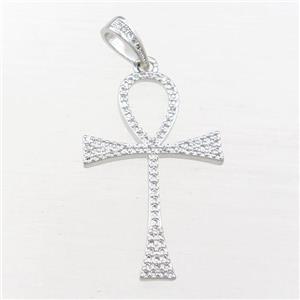 Copper Ankh Cross Pendant Pave Zircon Platinum Plated, approx 22-36mm [FN21417]