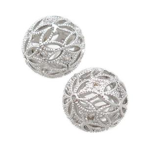 copper round beads pave zircon, hollow, platinum plated, approx 16mm dia [FN21421]