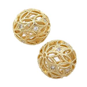 copper round beads pave zircon, hollow, gold plated, approx 16mm dia [FN21422]