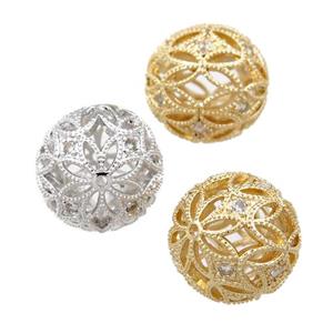 copper round beads pave zircon, hollow, mixed, approx 16mm dia [FN21423]