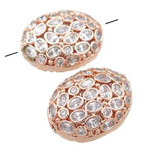 copper oval beads pave zircon, hollow, rose gold, approx 16-19mm [FN21438]