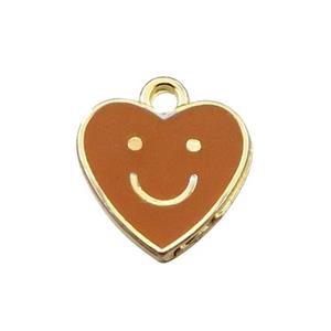 copper emoji pendant with brown enameled, heart, smile face, gold plated, approx 12mm [FN21540]