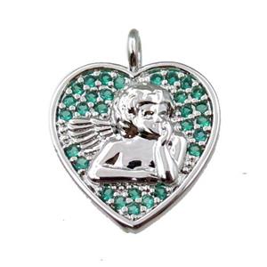 copper heart pendant pave zircon, angel, platinum plated, approx 14mm [FN21589]