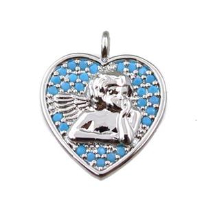 copper heart pendant pave zircon, angel, platinum plated, approx 14mm [FN21591]