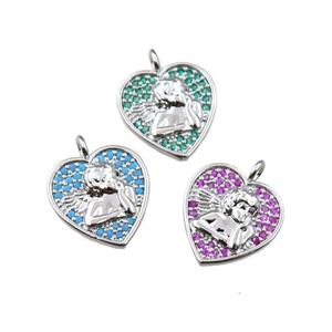 copper heart pendant pave zircon, angel, platinum plated, mix, approx 14mm [FN21592]