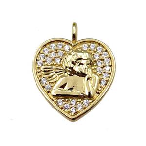 copper heart pendant pave zircon, angel, gold plated, approx 14mm [FN21593]