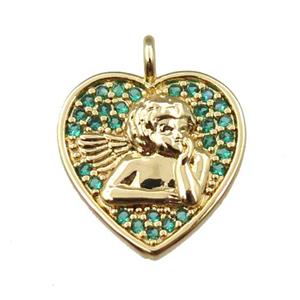 copper heart pendant pave zircon, angel, gold plated, approx 14mm [FN21594]