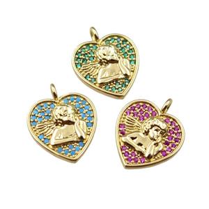 copper heart pendant pave zircon, angel, gold plated, mix, approx 14mm [FN21597]