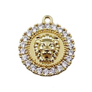 copper circle pendant pave zircon with leo, gold plated, approx 16mm dia [FN21599]