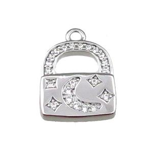 copper Lock pendant pave zircon, platinum plated, approx 12-14mm [FN21604]