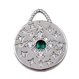 copper circle pendant pave zircon, platinum plated, approx 17-21mm [FN21606]