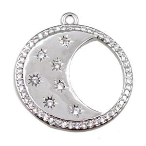 copper circle moon pendant pave zircon, platinum plated, approx 25mm dia [FN21608]