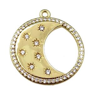 copper moon pendant pave zircon, circle gold plated, approx 25mm dia [FN21609]
