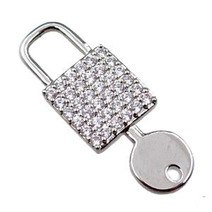 copper keyLock charm pendant pave zircon, platinum plated, approx 12-32mm [FN21612]