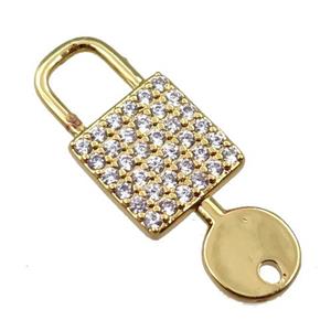 copper keyLock charm pendant pave zircon, gold plated, approx 12-32mm [FN21613]