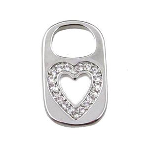 copper Lock pendant pave zircon, heart, platinum plated, approx 10-17mm [FN21616]
