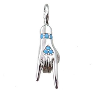 copper hand pendant pave zircon, Rock On Sign Charm, platinum plated, approx 6-24mm [FN21638]