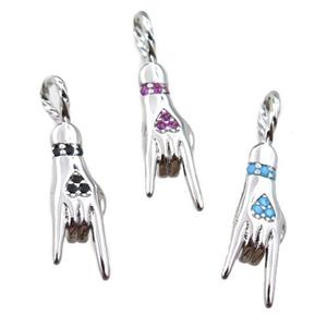 copper hand pendant pave zircon, Rock On Sign Charm, platinum plated, mix, approx 6-24mm [FN21639]