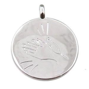 copper circle pendant, hand, platinum plated, approx 24mm dia [FN21649]