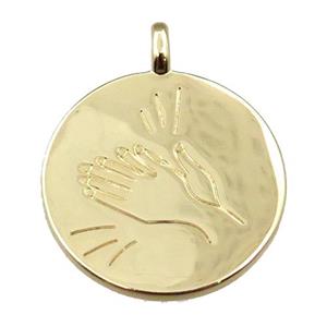 copper circle pendant, hand, gold plated, approx 24mm dia [FN21650]