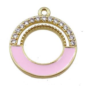 copper circle pendant pave zircon with pink enameled, gold plated, approx 18mm dia [FN21658]