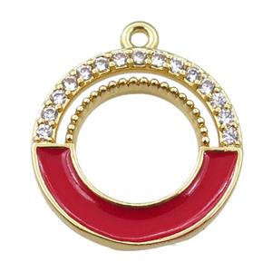 copper circle pendant pave zircon with red enameled, gold plated, approx 18mm dia [FN21660]