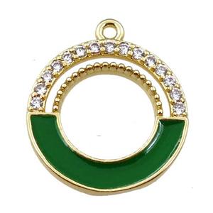 copper circle pendant pave zircon with green enameled, gold plated, approx 18mm dia [FN21661]
