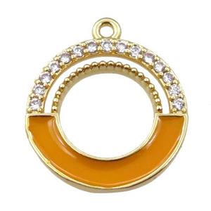 copper circle pendant pave zircon with orange enameled, gold plated, approx 18mm dia [FN21662]