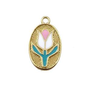 copper lotus pendant, oval, enameling, gold plated, approx 10-15mm [FN21675]