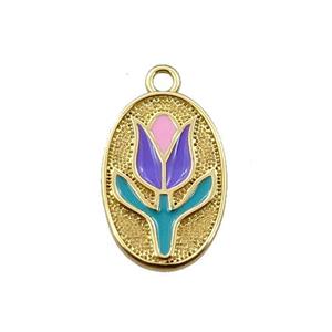copper lotus pendant, oval, enameling, gold plated, approx 10-15mm [FN21676]