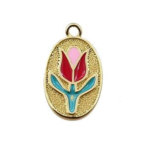 copper lotus pendant, oval, enameling, gold plated, approx 10-15mm [FN21677]