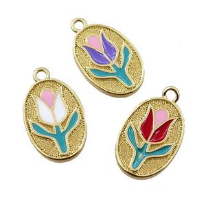 copper lotus pendant, oval, enameling, gold plated, mixed, approx 10-15mm [FN21678]