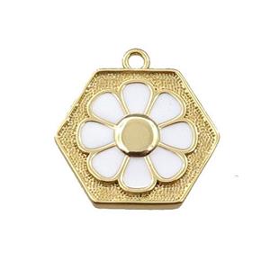 copper daisy pendant, hexagon, white enameling, gold plated, approx 17mm [FN21679]
