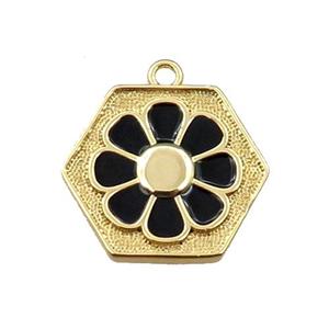 copper daisy pendant, hexagon, black enameling, gold plated, approx 17mm [FN21680]