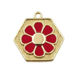 copper daisy pendant, hexagon, red enameling, gold plated, approx 17mm [FN21681]