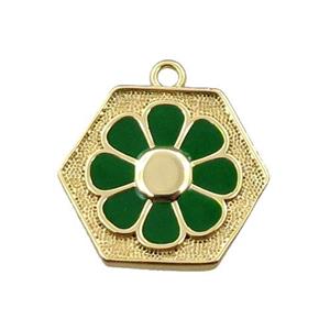 copper daisy pendant, hexagon, green enameling, gold plated, approx 17mm [FN21682]