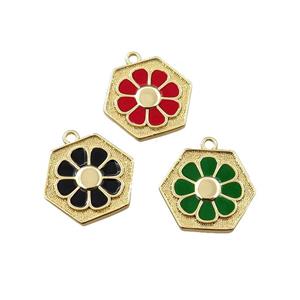 copper daisy pendant, hexagon, enameling, gold plated, mixed, approx 17mm [FN21683]