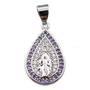 copper teardrop pendant pave zircon, jesu, platinum plated, approx 14-20mm [FN21688]
