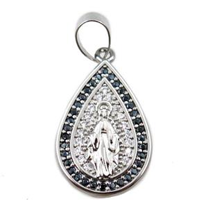 copper teardrop pendant pave zircon, jesu, platinum plated, approx 14-20mm [FN21689]