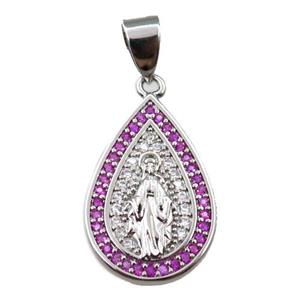 copper teardrop pendant pave zircon, jesu, platinum plated, approx 14-20mm [FN21690]