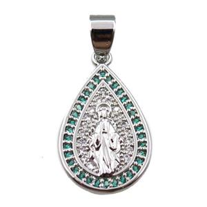 copper teardrop pendant pave zircon, jesu, platinum plated, approx 14-20mm [FN21691]