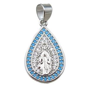 copper teardrop pendant pave zircon, jesu, platinum plated, approx 14-20mm [FN21692]