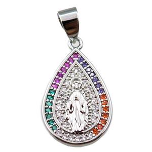 copper teardrop pendant pave zircon, jesu, platinum plated, approx 14-20mm [FN21693]