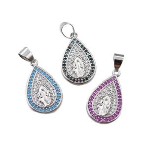 copper teardrop pendant pave zircon, jesu, platinum plated, mix, approx 14-20mm [FN21694]