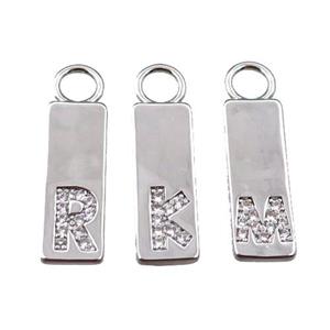 copper rectangle pendant pave zircon, letter, platinum plated, mix, approx 7-20mm [FN21723]